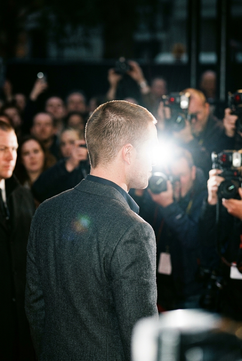 Back view of a man with short brown hair in a tailored charcoal suit at a red carpet event.