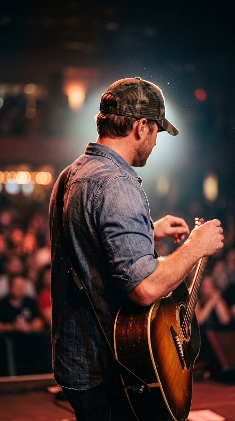 Back view of a country singer wearing a camo cap and denim shirt, holding an acoustic guitar under stage lighting.