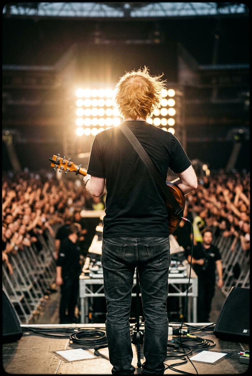 A fair-skinned musician with messy ginger hair seen from behind on an arena stage, holding an acoustic guitar facing bright concert lights.