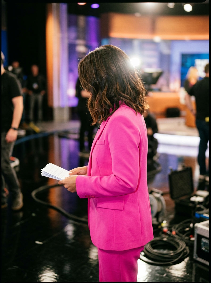 Back view of a petite TV presenter with dark wavy hair in a bright pink tailored suit standing on a television set.