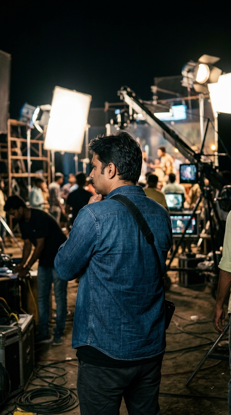 A film director seen from the back while standing on a movie set under studio lighting.