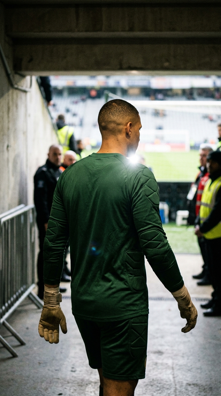 Back view of a tall professional football goalkeeper walking through a stadium tunnel toward the pitch.