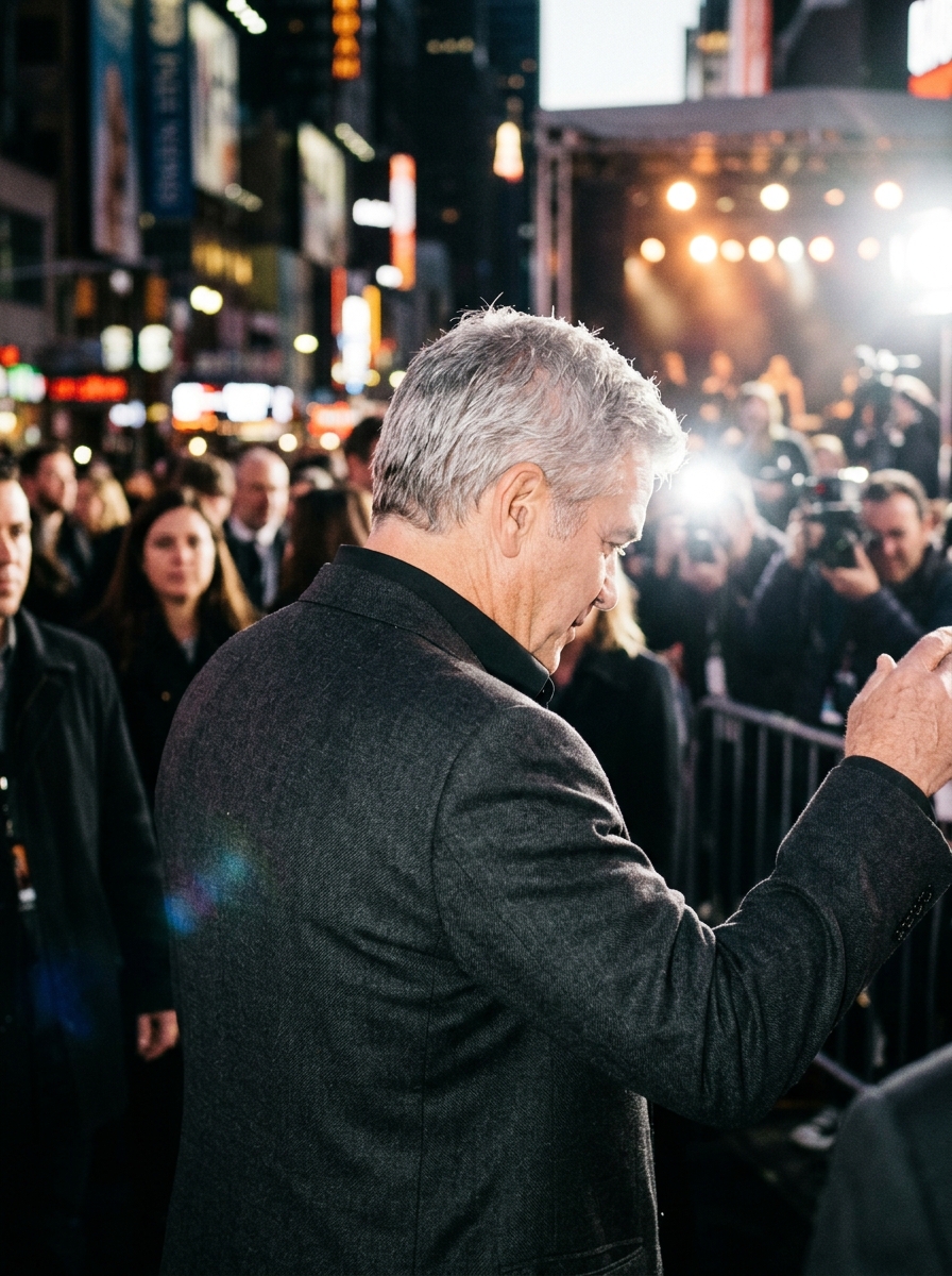 Back view of Robert De Niro standing in a charcoal suit on a film premiere red carpet.