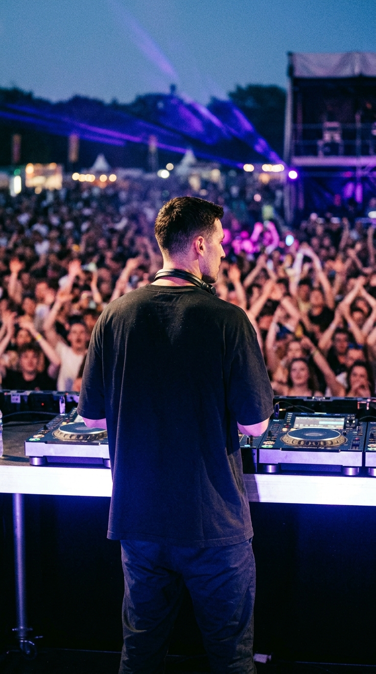 Back view of a male DJ behind festival mixer decks looking out over a massive crowd lit by stage lights.