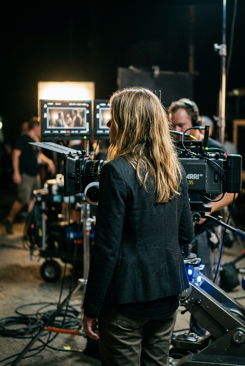 A woman with shoulder-length hair seen from behind on a cinema set next to filming equipment.