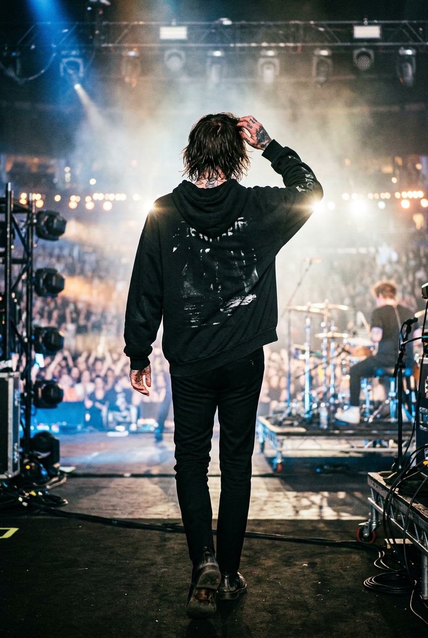 Back view of a tall, dark-haired rock musician in an oversized black streetwear hoodie and black trousers under bright concert stage lights.