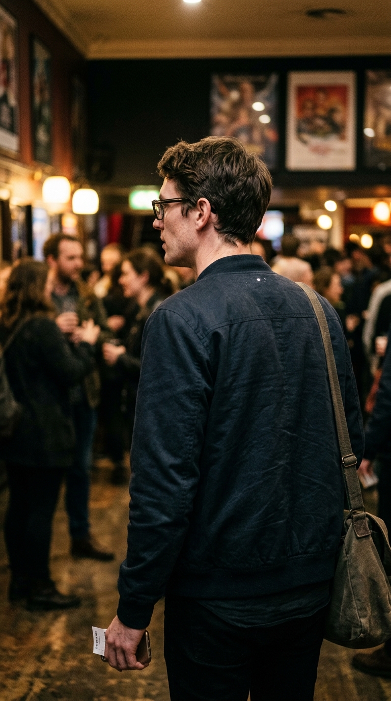 A filmmaker in a casual dark jacket seen from behind in a cinema lobby.