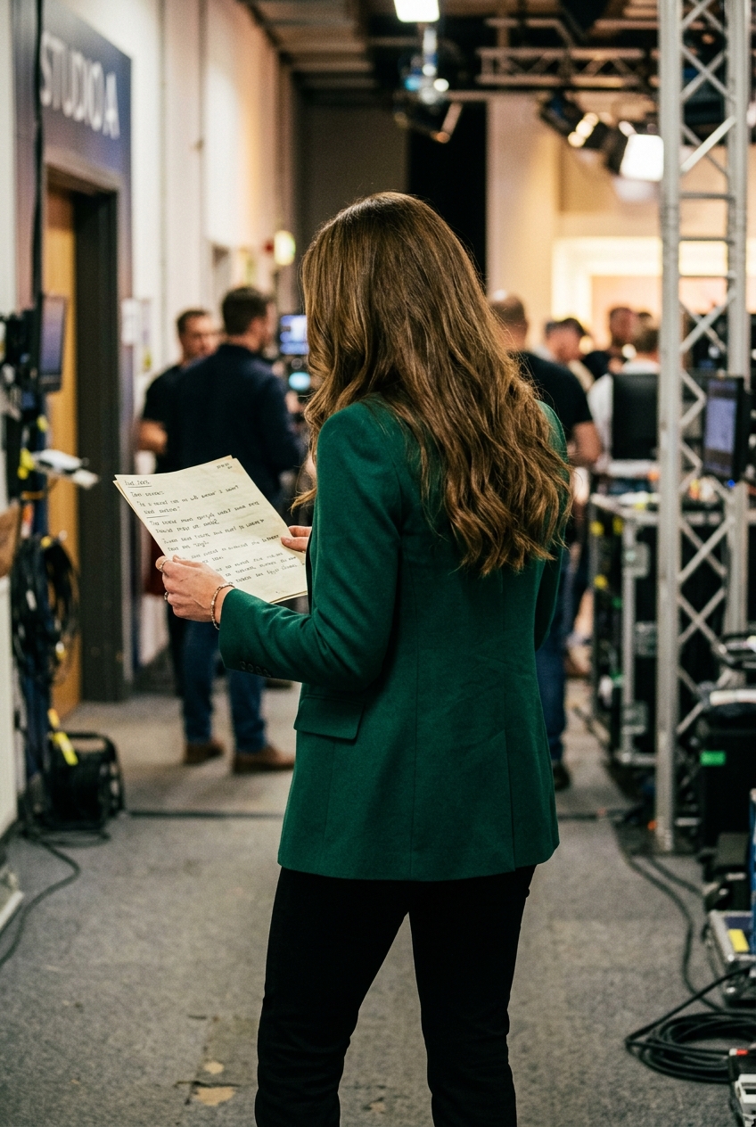 Back view of a tall woman with long brown hair wearing a colourful blazer backstage in a TV studio.
