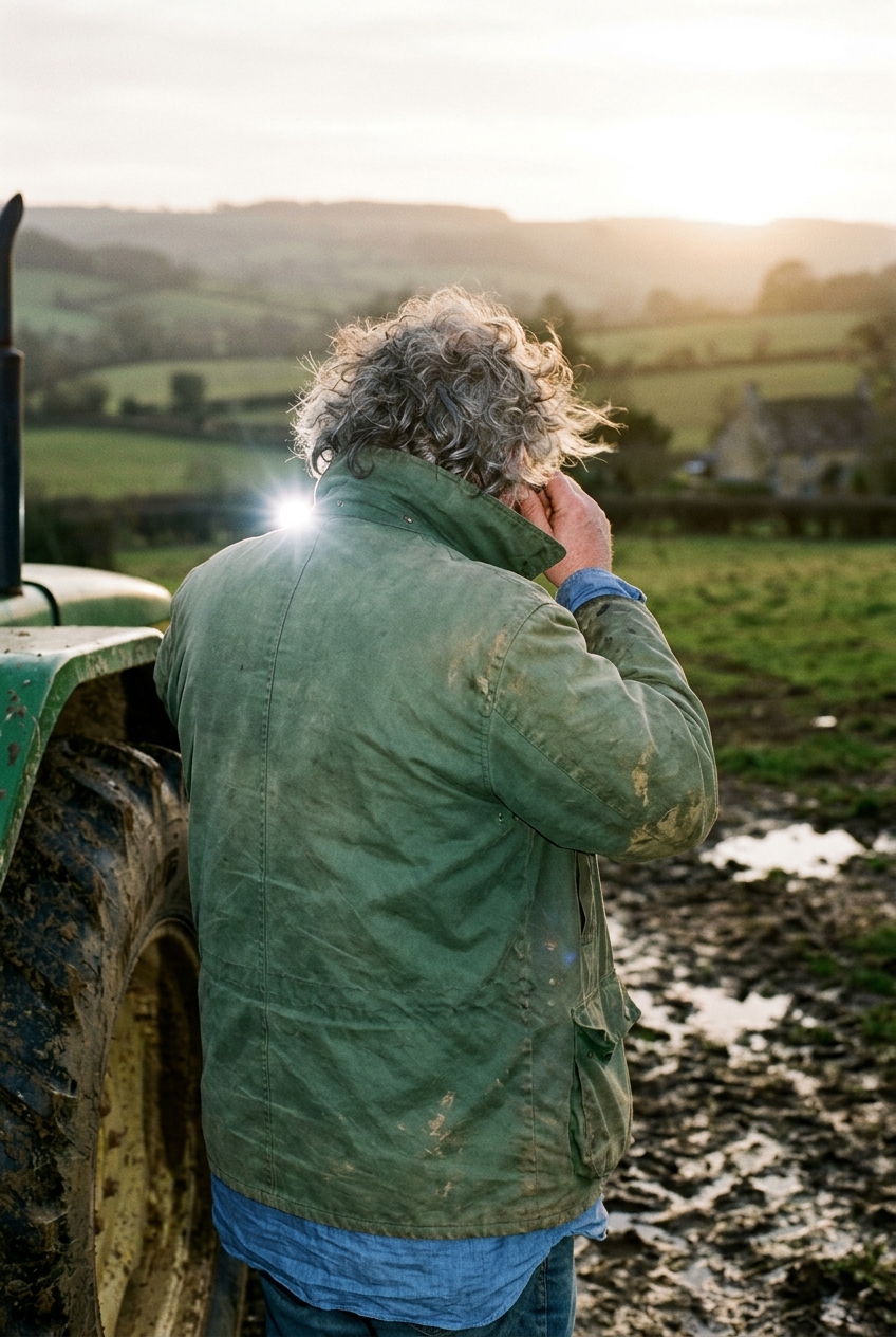 A tall grey-haired man in a waxed jacket standing in a countryside field with his back to the camera.