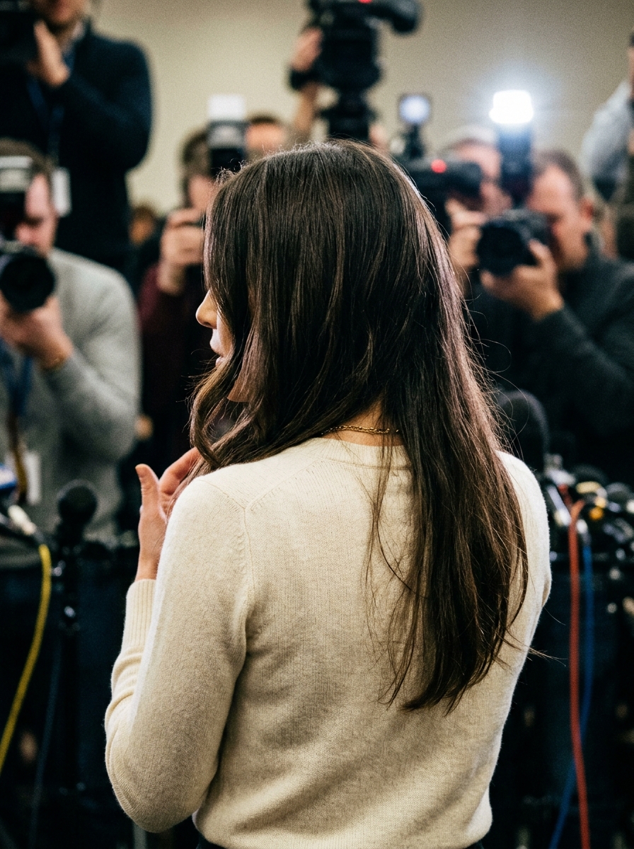 Back view of a petite woman with dark brown hair wearing a light sweater at an indoor media event.