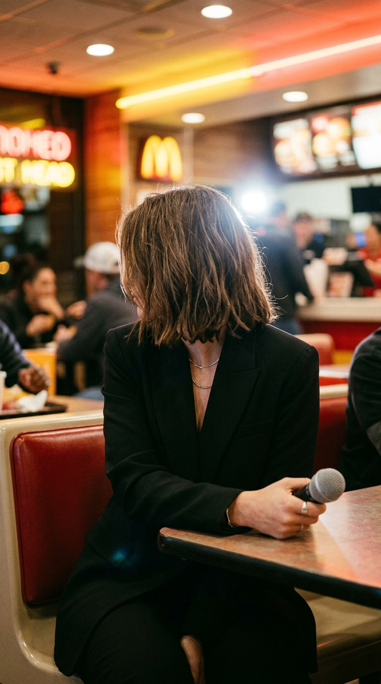 A woman with shoulder-length brown hair in a smart blazer sitting in a neon-lit fast-food booth with her back partially turned to the camera.