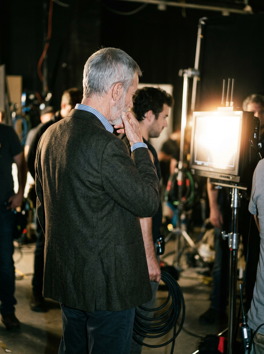 Back-view shot of a filmmaker with short gray hair in a dark blazer looking out toward a lighted movie set.