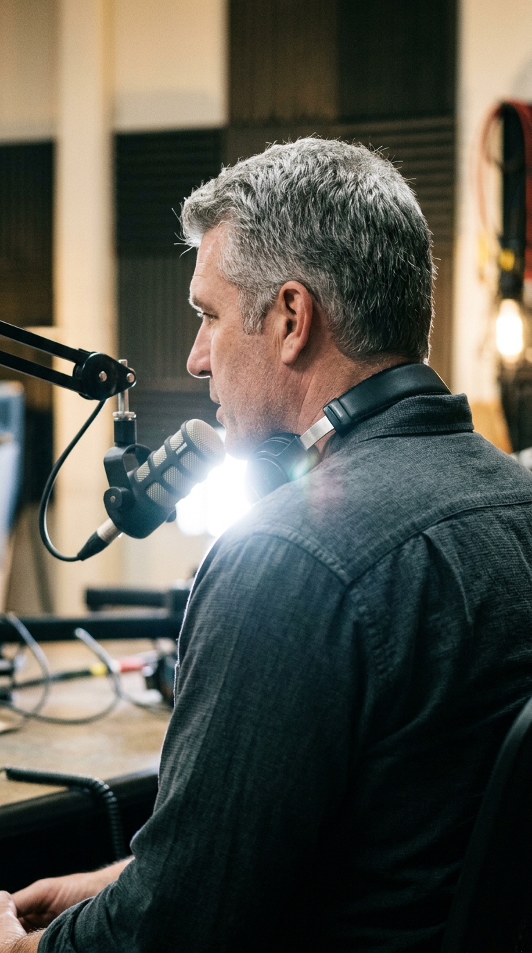 Side profile of a man with short graying hair seated before a broadcast microphone in a podcast studio.