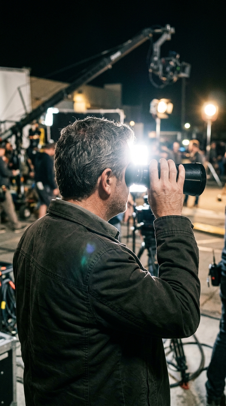 A director with grey hair seen from behind in a dark jacket on a film set.