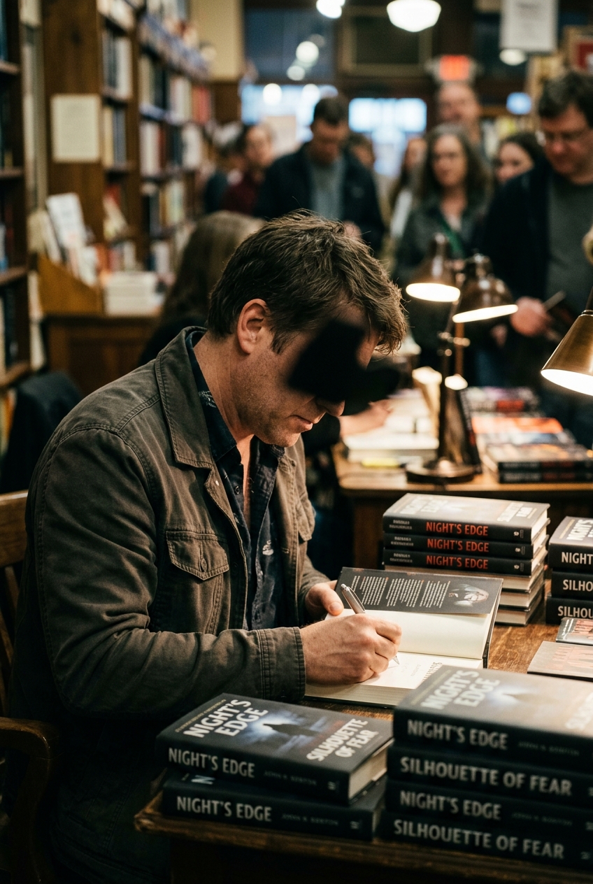 Author Daniel Kraus viewed from the side in a moody library setting with his face turned down and out of view.