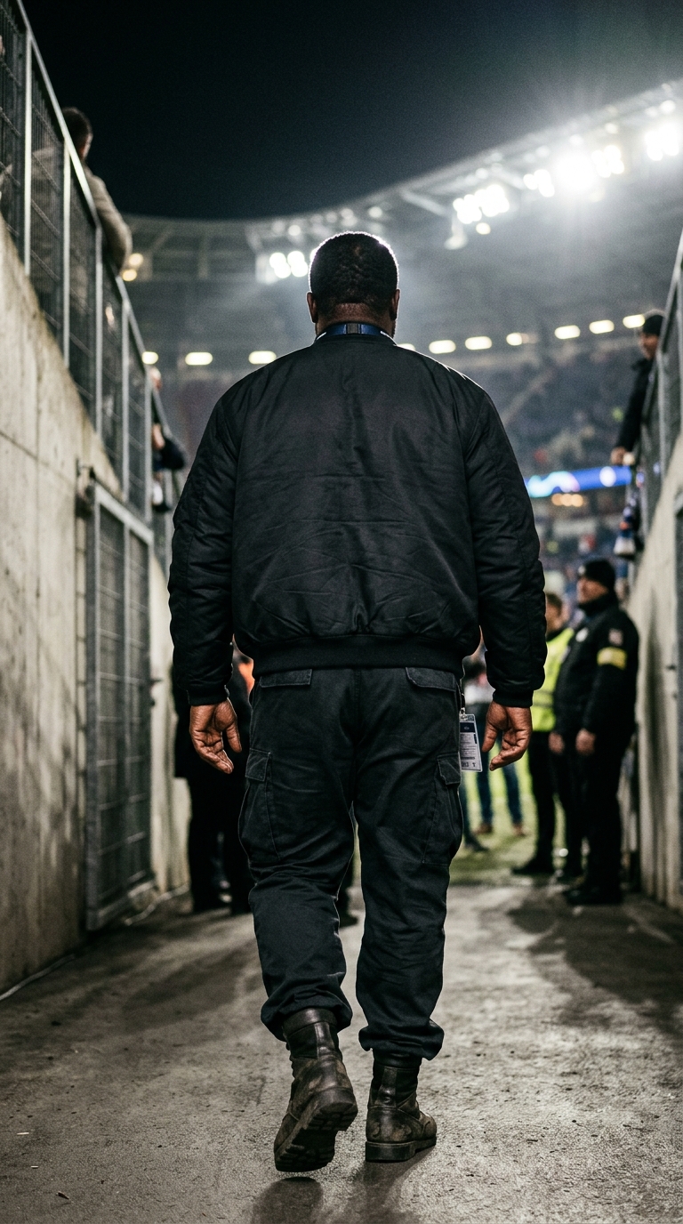 A man in an oversized black jacket and boots seen from behind as stadium floodlights create a stark silhouette.