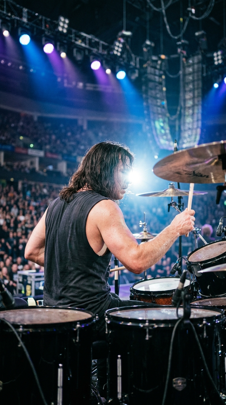 Back view of a drummer with long dark hair and a sleeveless black shirt seated behind a large drum kit on a brightly lit concert stage.