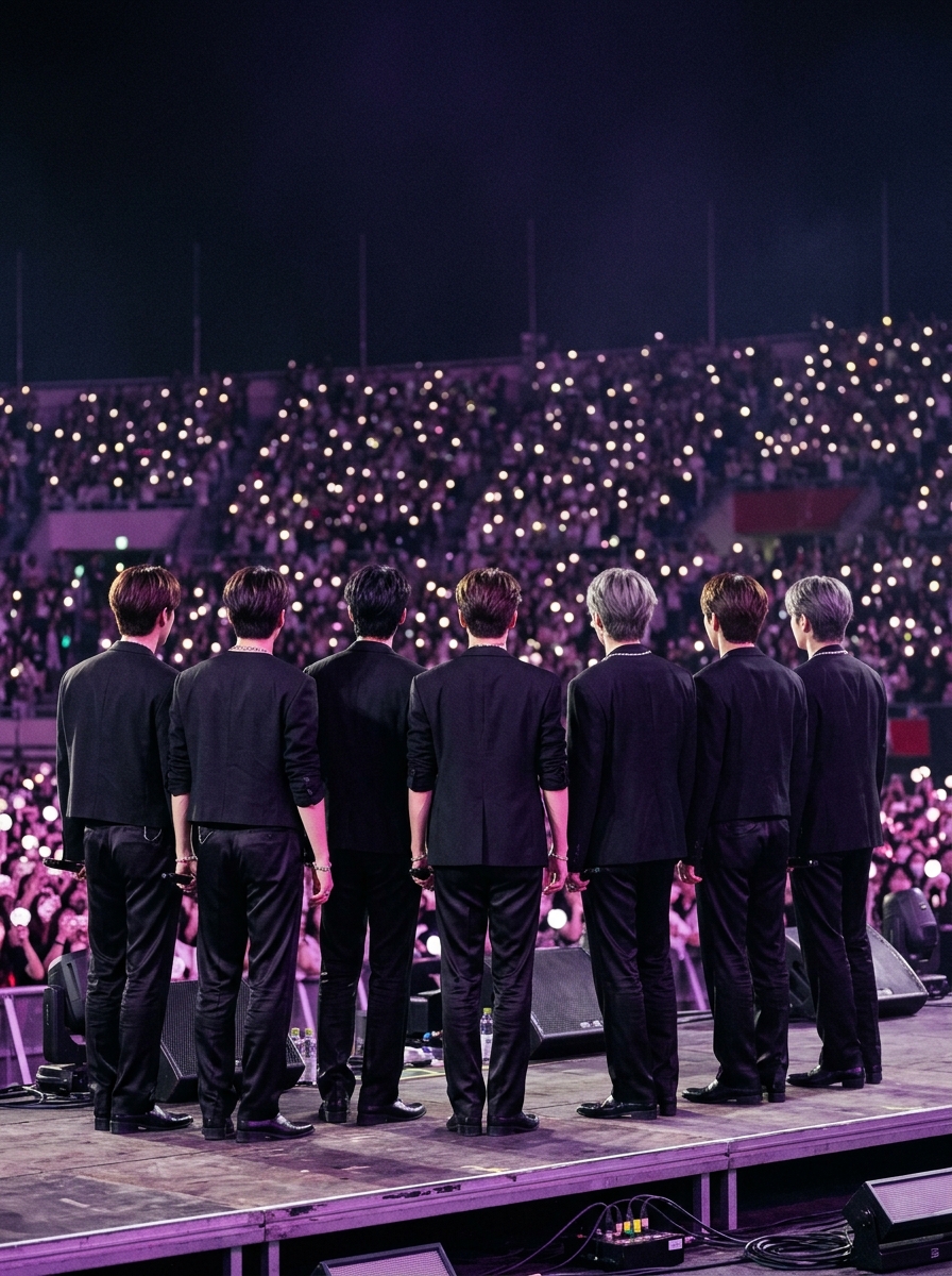 Seven performers seen from behind standing on an arena stage under purple lights looking out at an audience.