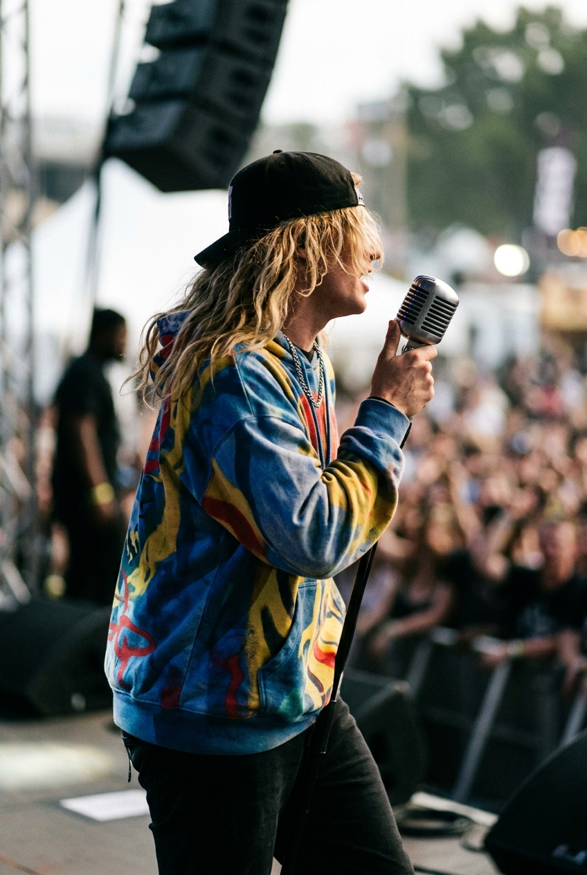 Back and side view of Tones and I singing on stage in an oversized hoodie and cap with her face angled away from the camera.
