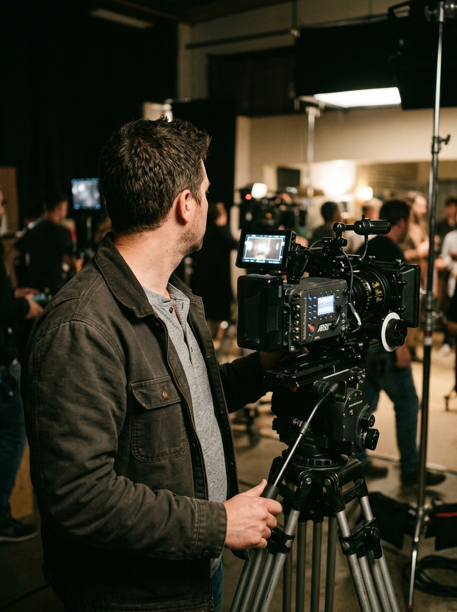 A male director with short brown hair seen from behind as he looks onto a film set.