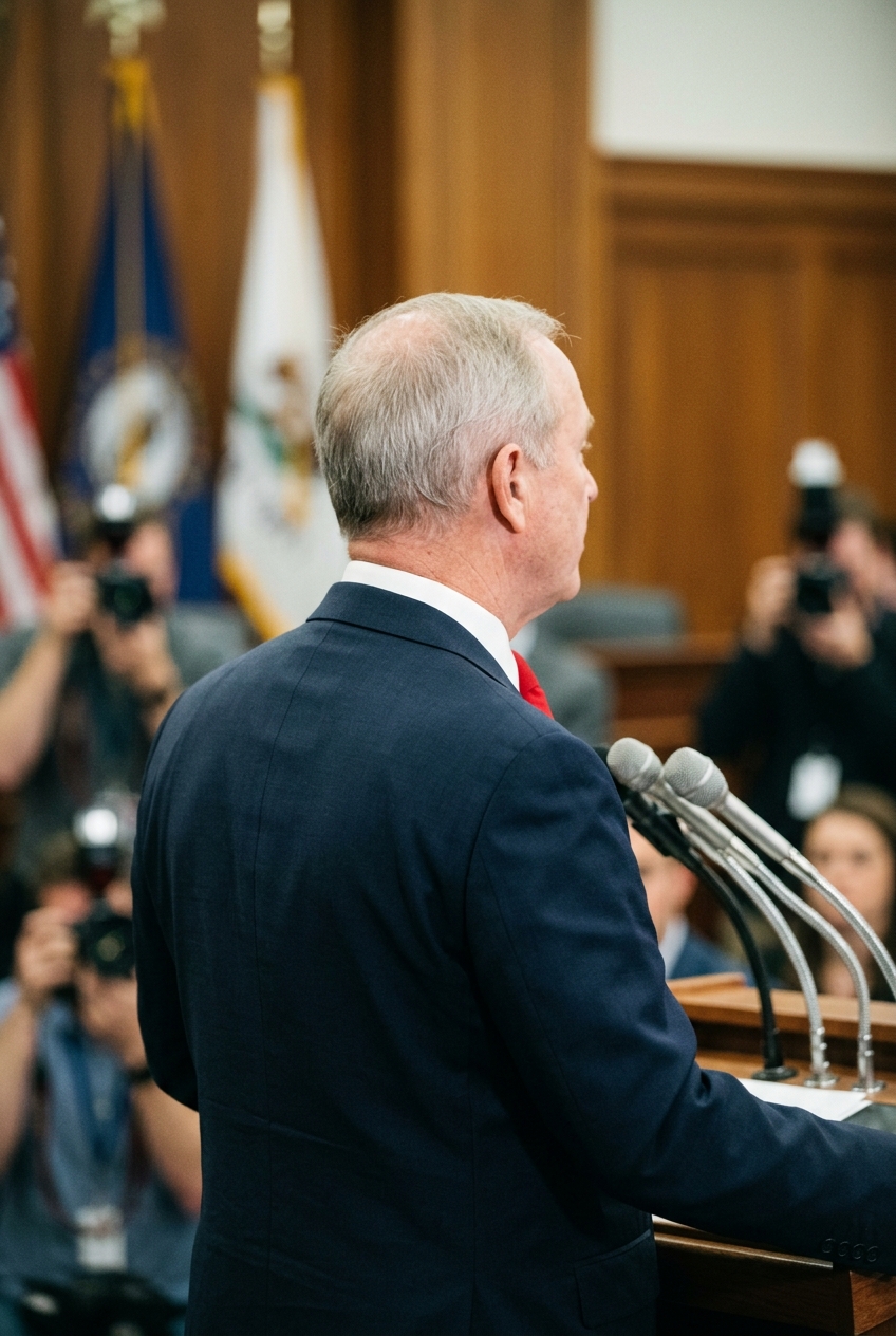 Back view of a politician in a navy suit and red tie speaking at a wood-paneled podium with state flags blurred in the background.