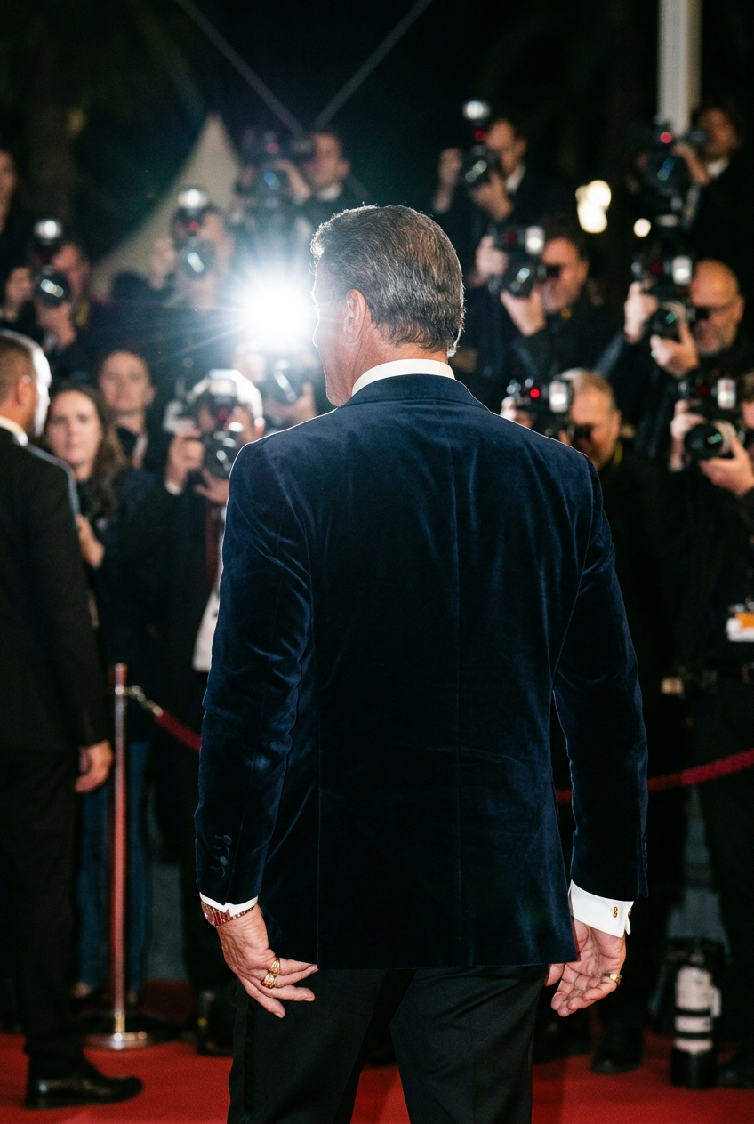 Back view of a broad-shouldered older man in a navy velvet tuxedo jacket looking out towards red carpet photographers.
