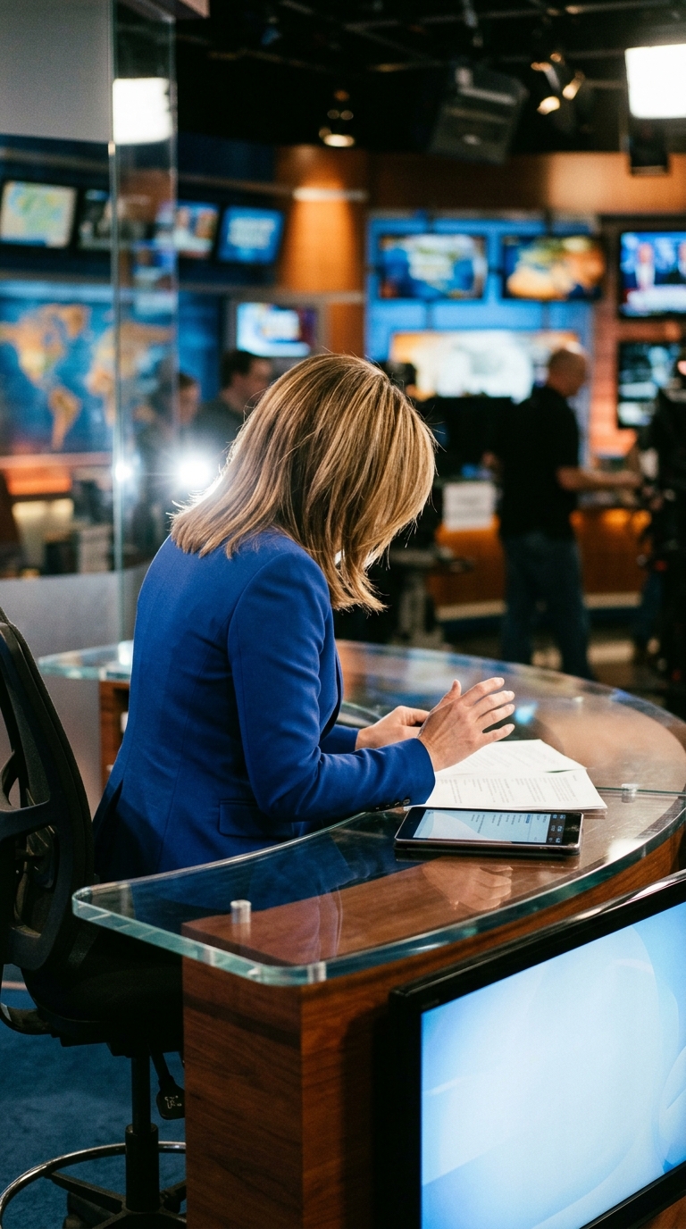 Back view of a female news anchor with shoulder-length blonde-brown hair in a royal blue blazer sitting at a newsroom anchor desk.