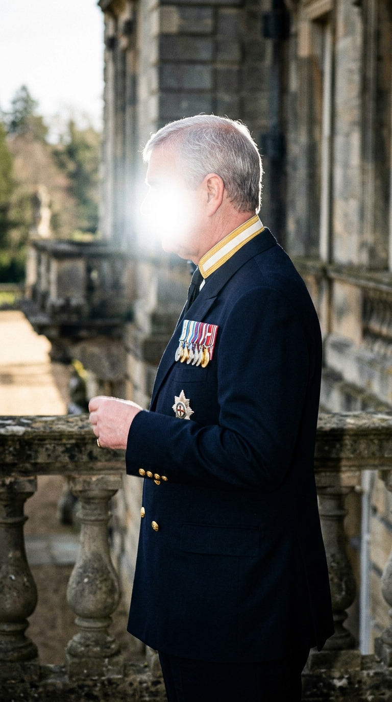 Back and side view of King Carl XVI Gustaf standing in uniform outside the royal palace with his face turned away.