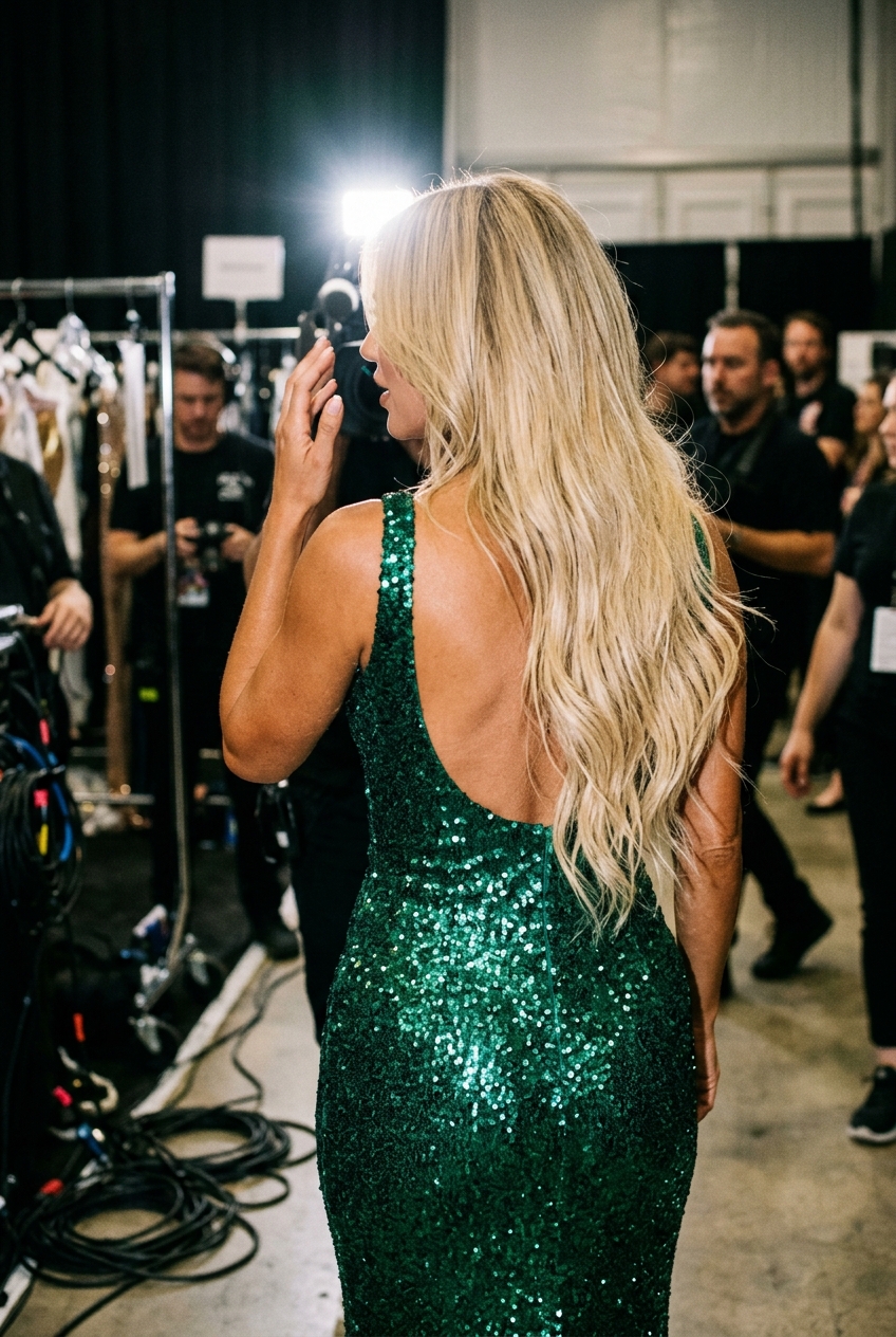 Rear view of a woman with long blonde hair wearing a sequined gown in a professional photo studio.