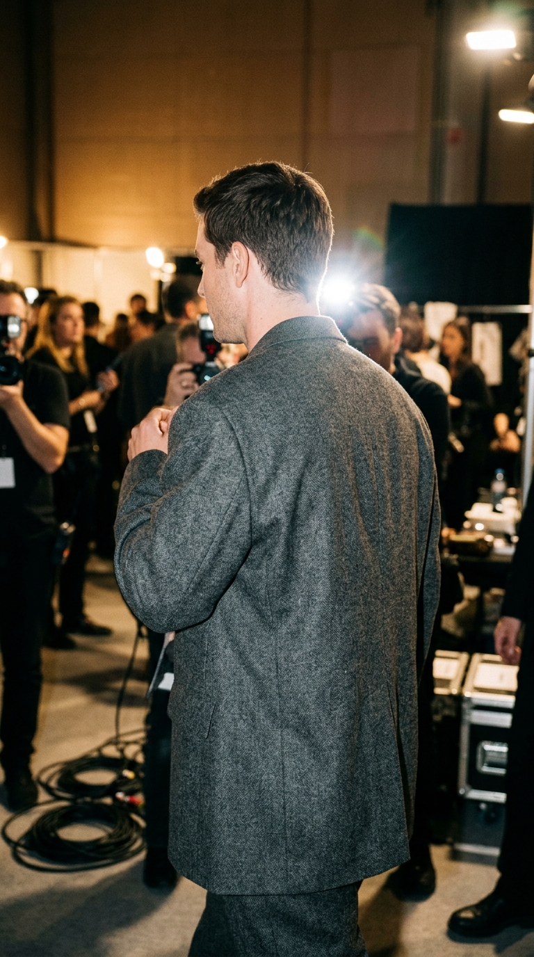 Back view of a man dressed in a sharp avant-garde designer suit in a dimly lit studio.
