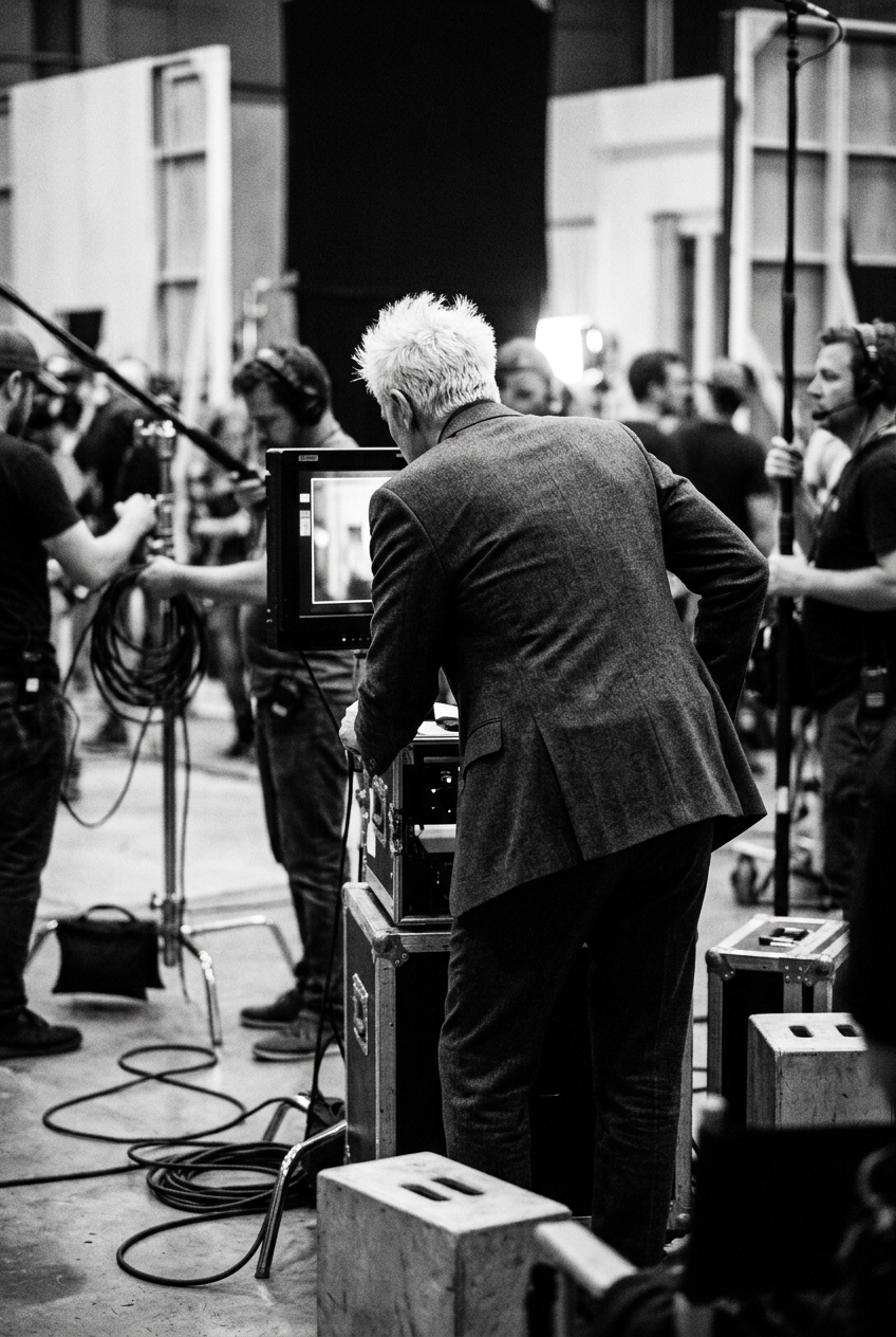 A tall man with spiky white hair in a dark suit jacket, seen from behind on a busy film set looking at a monitor.