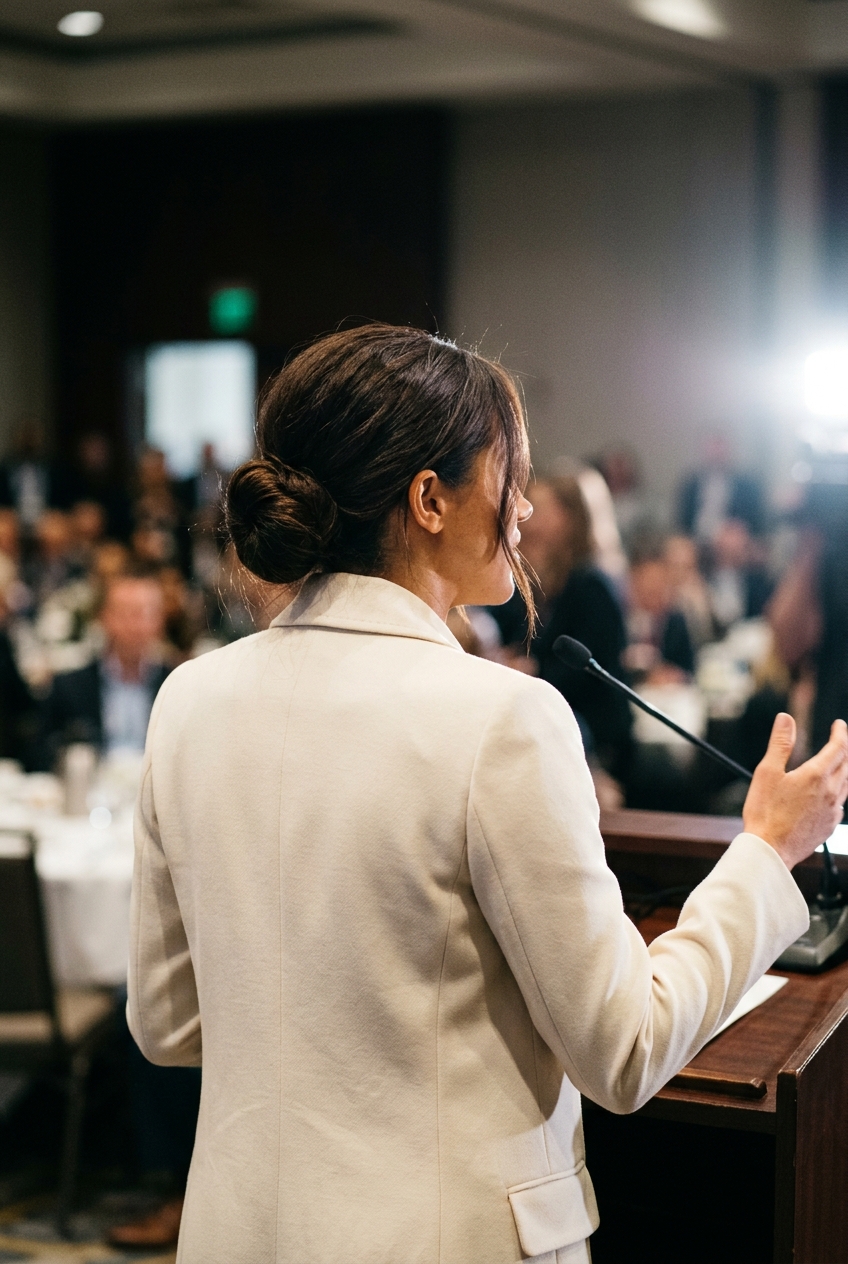 Back view of a woman with dark hair in a low bun and a tailored cream coat at a formal event podium.