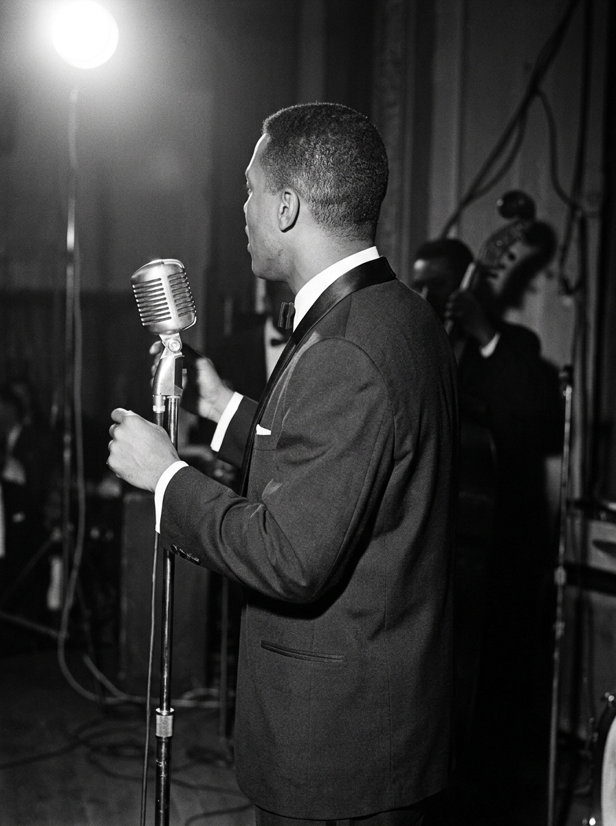 A male vocalist in a classic 1950s tuxedo standing beside a vintage stage microphone with his head turned away from the camera.