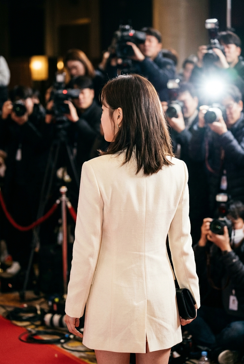 Back view of a petite East Asian woman with dark shoulder-length hair wearing a cream tailored blazer on a brightly lit red carpet.
