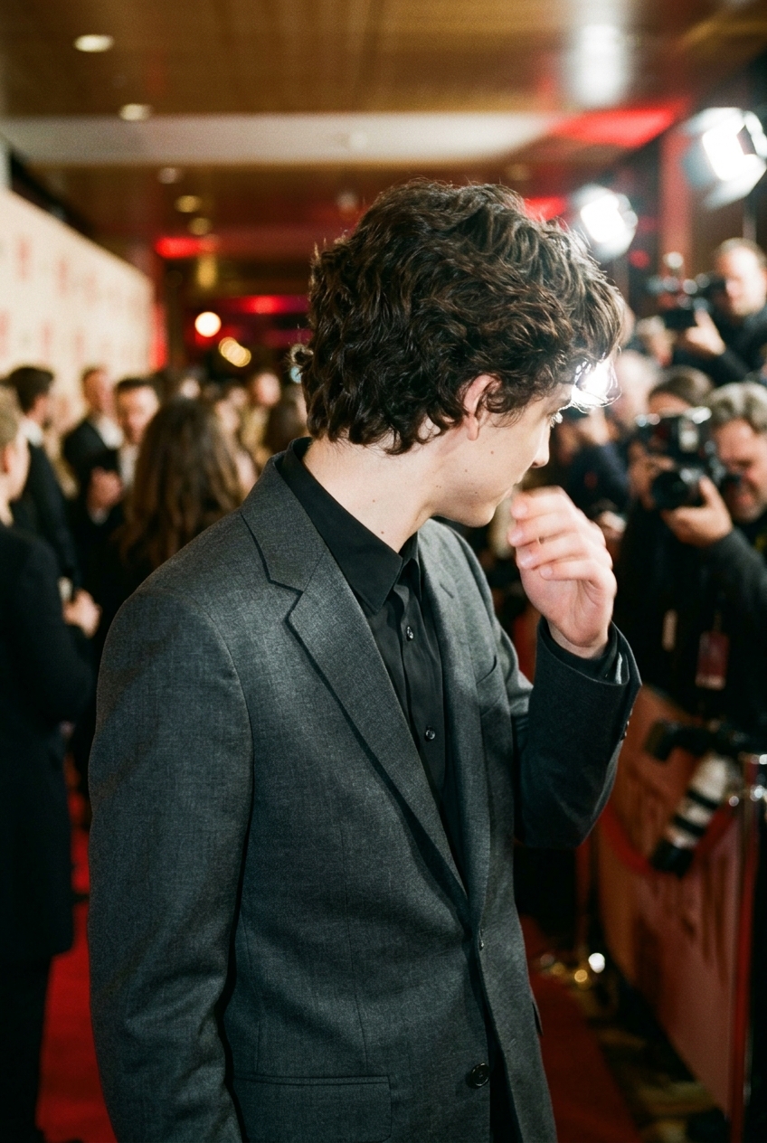 A slender young man with curly dark brown hair wearing a dark tailored suit, turned away from the camera at an indoor event.