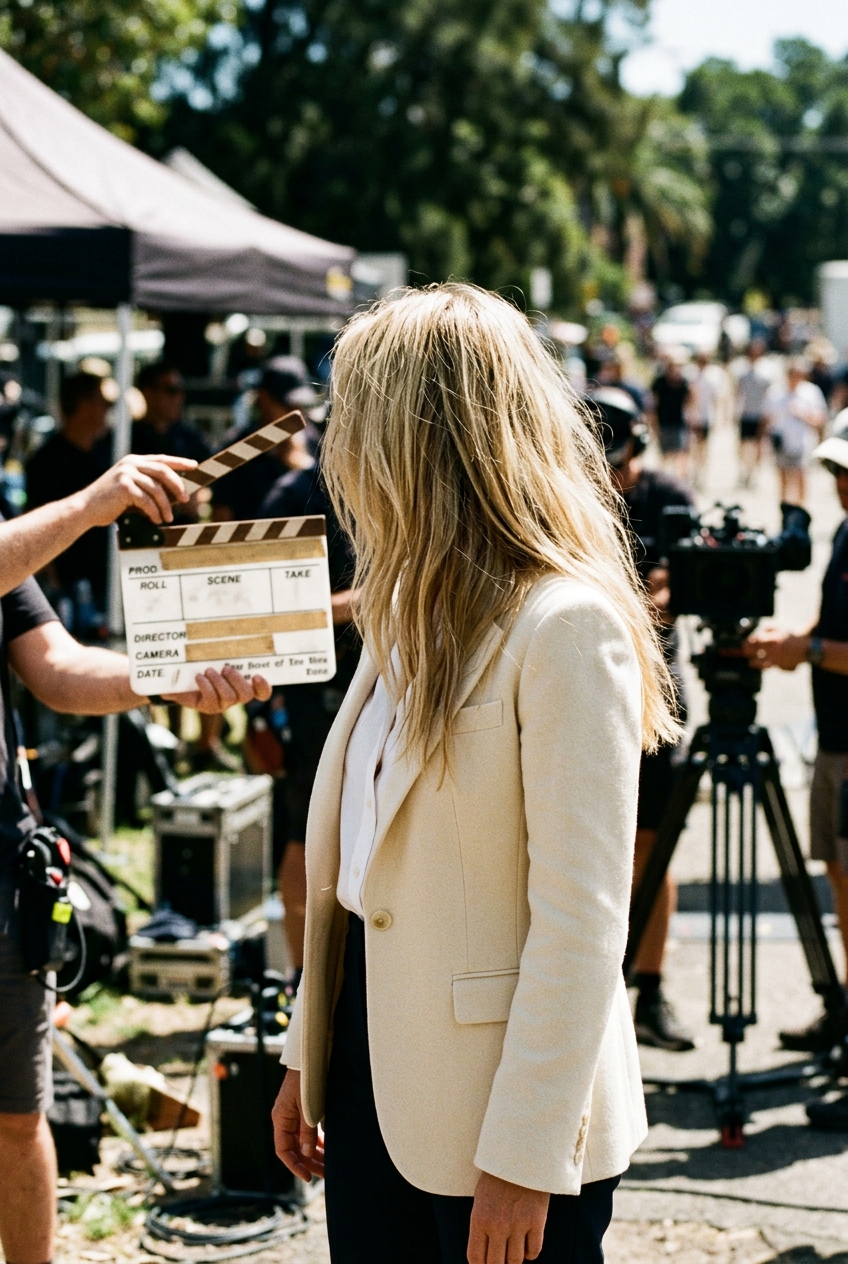 Back view of a blonde woman wearing a cream tailored blazer standing on an outdoor television set.