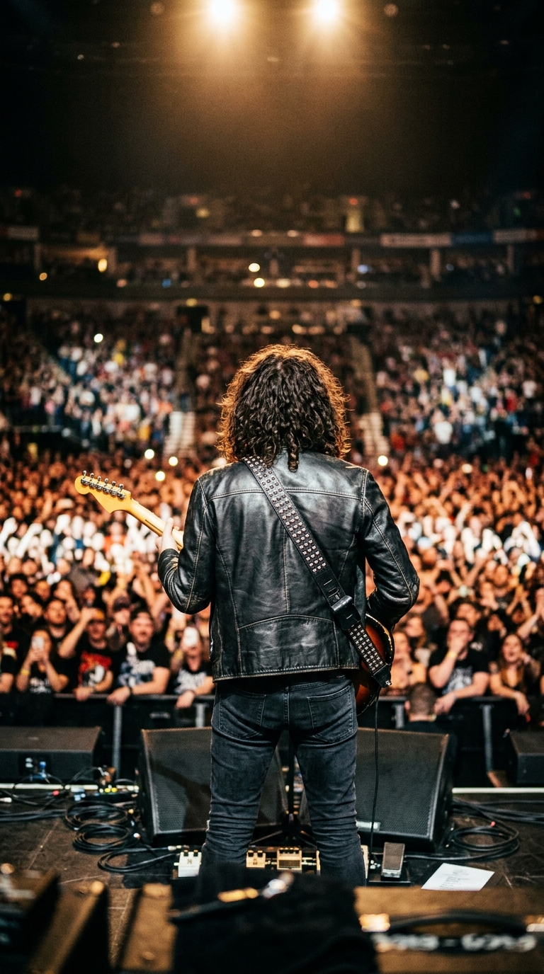 Back view of a rock guitarist holding an electric guitar on an illuminated concert stage facing a blurred crowd.