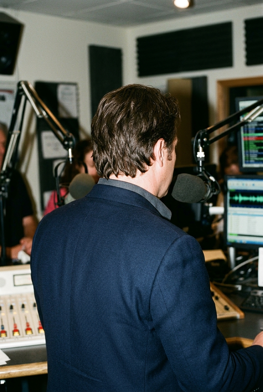 A tall male broadcaster in a navy jacket seen from behind inside a radio studio.