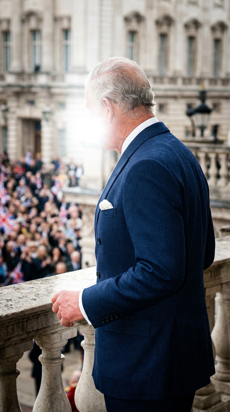 Back view of King Charles standing in a navy suit on a royal balcony looking out over a crowd.
