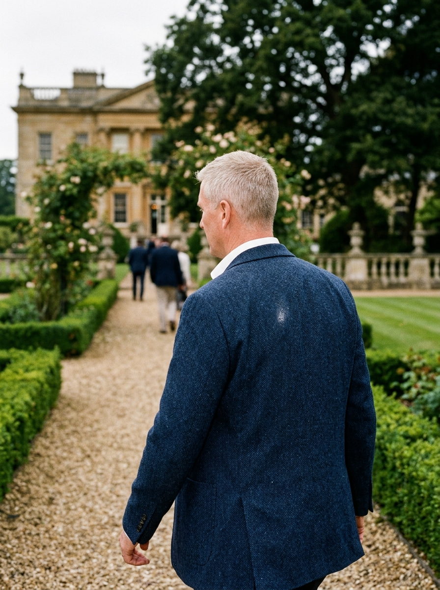 A tall man in a navy tweed jacket and white shirt walking through an English country estate with his back turned.