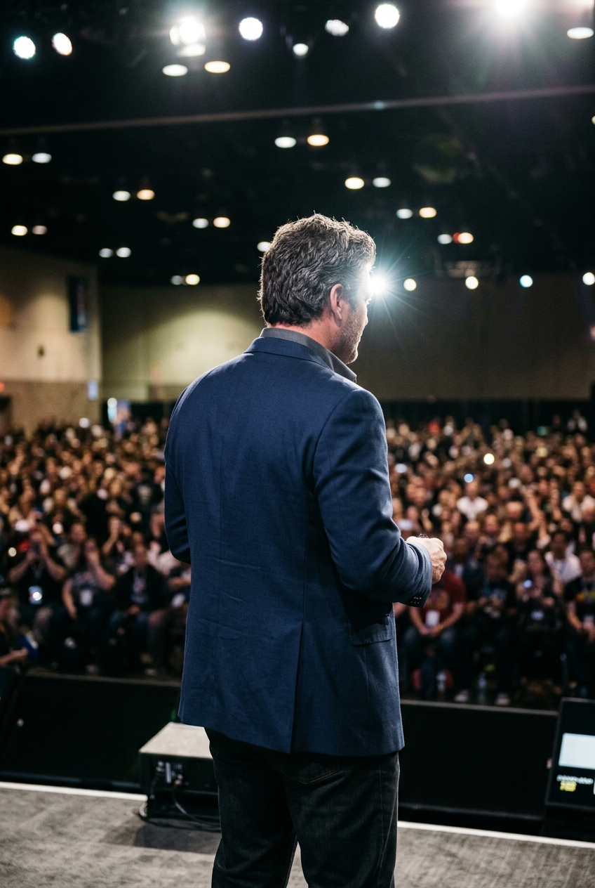 Back view of a tall, broad-shouldered man in a blazer and collared shirt standing on a convention stage looking out at an audience.