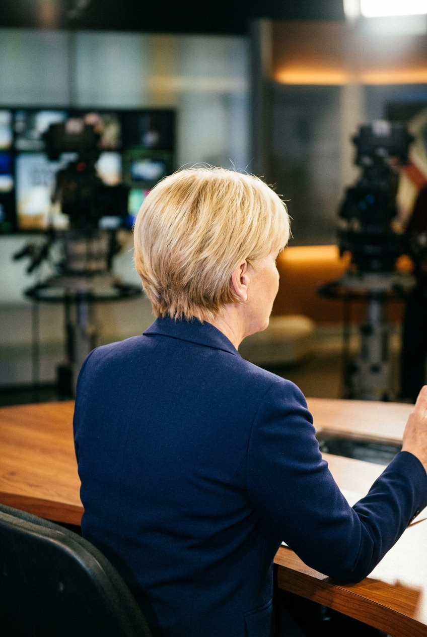 Over-the-shoulder view of a blonde woman in a navy tailored blazer seated at a television broadcast news desk.