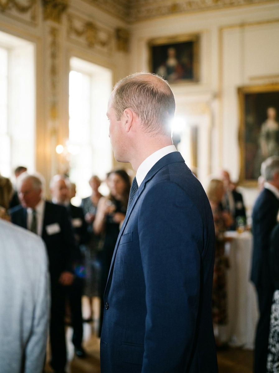 A tall man in a tailored navy suit viewed from behind in a grand palace reception room.