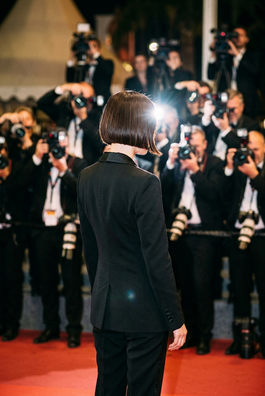 Back view of a woman with a dark bob in a tailored black suit standing on a red carpet.