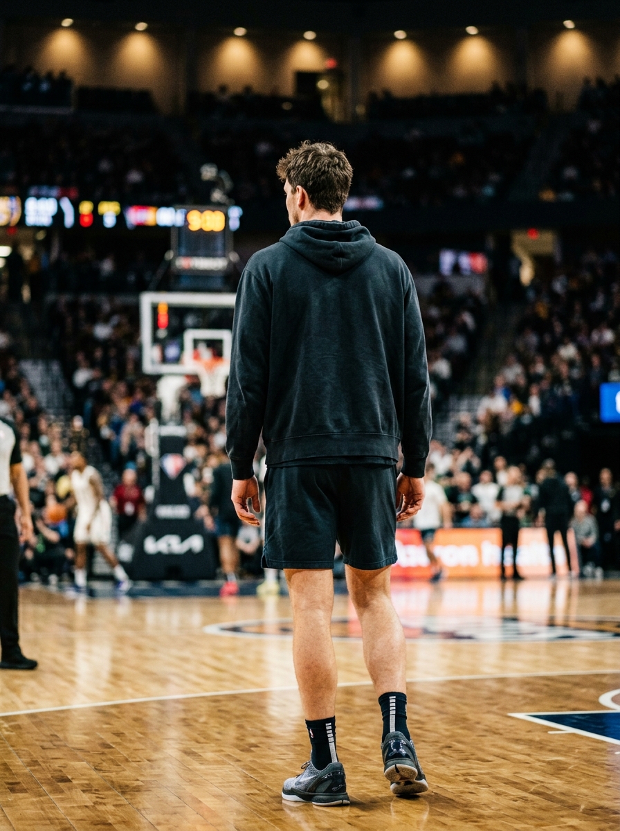 Back view of a tall, athletic man standing under arena lights on a basketball court.