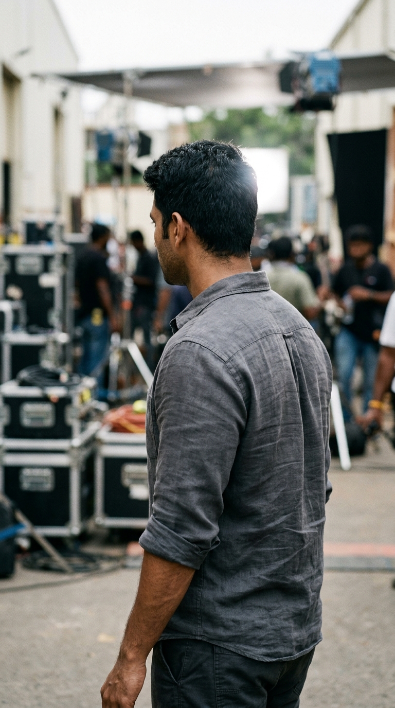 Back view of an Indian actor with short dark hair in a casual dark shirt against a studio backdrop.