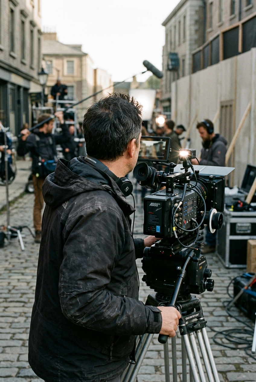 Back view of a film director standing on set next to a camera setup wearing a dark jacket.