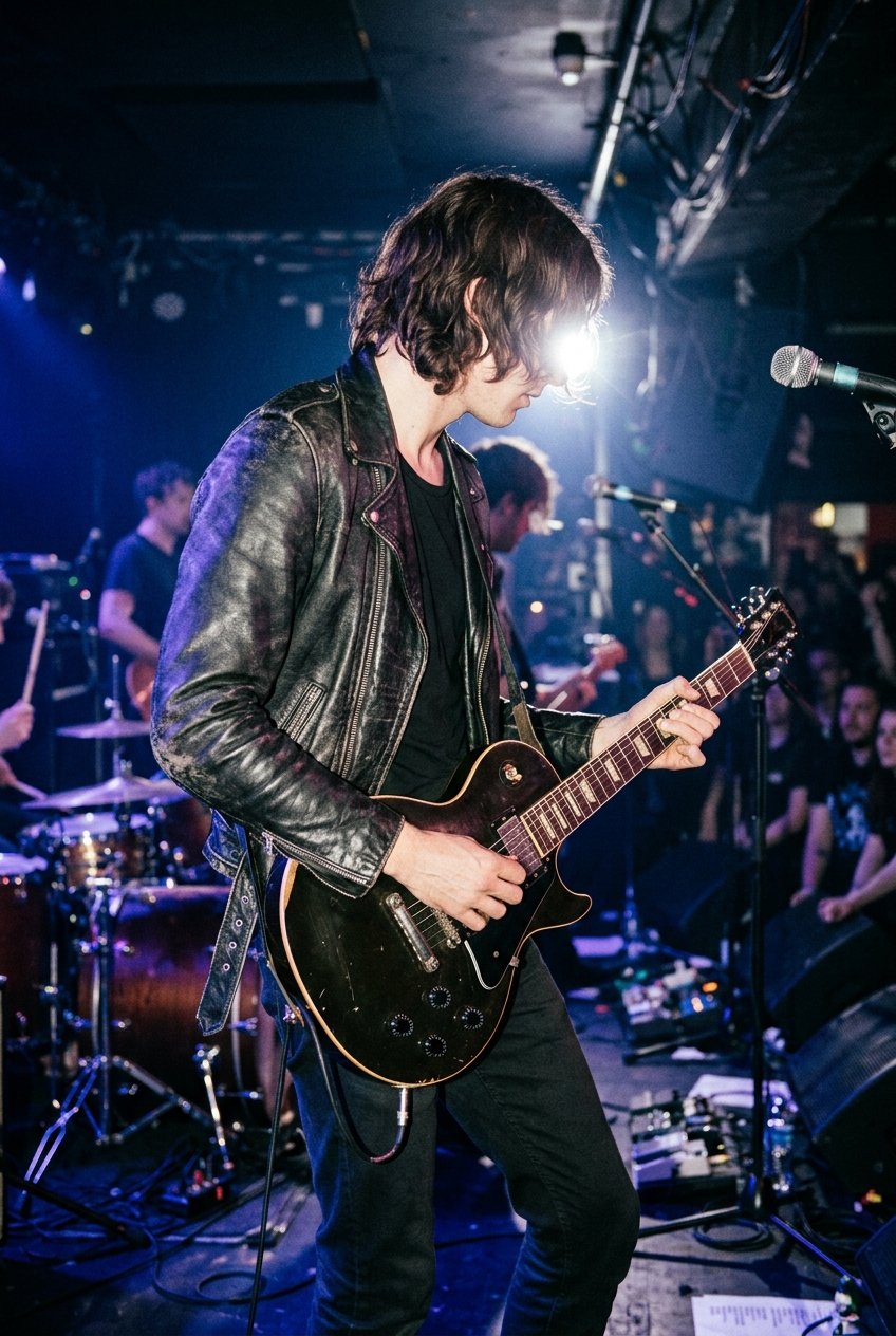 A guitarist on stage viewed from the side, wearing a black leather jacket and holding an electric guitar under moody stage lights.