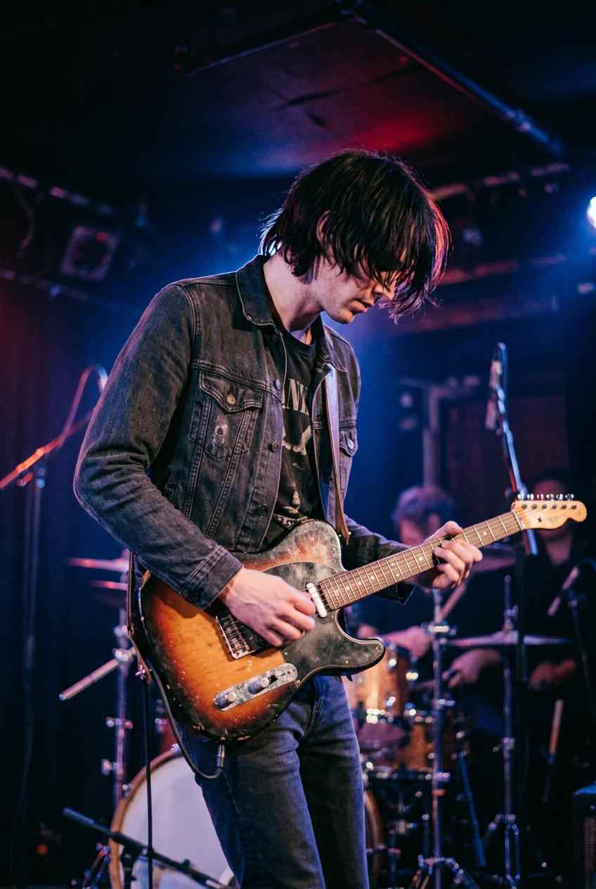 A musician with dark hair and a denim jacket looking down while holding an electric guitar on a dimly lit stage.