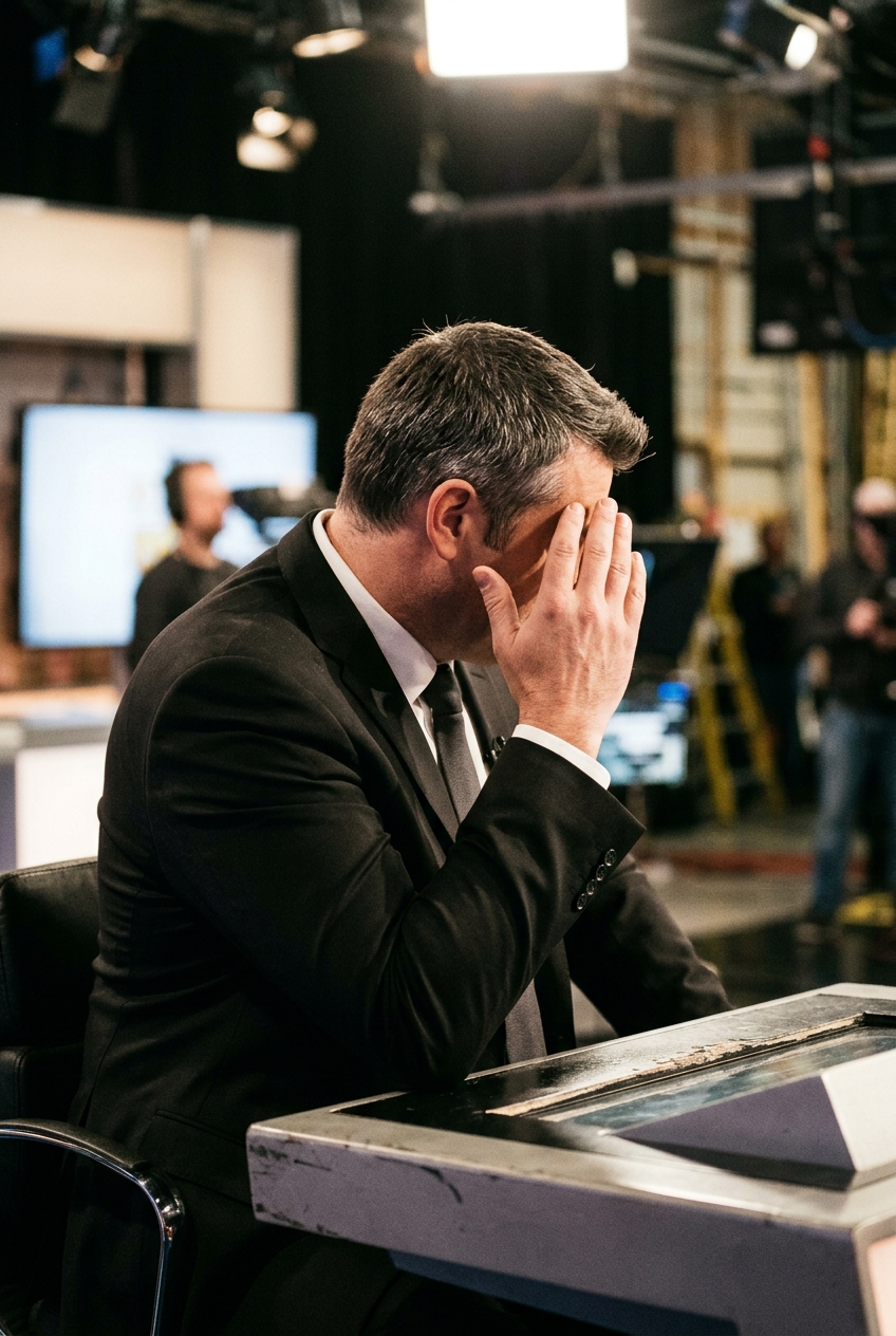 Back view of a very tall quizmaster in a dark suit seated under bright television studio lights at a game show desk.